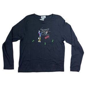 All Points Shirt Woman's Large Black Combo Crew Neck 100% Cotton Embroidered Tee